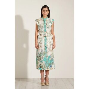 Ranna Gill Anthropologie Nexus Pocket Midi Linen Dress Blue Green Scenic Print M